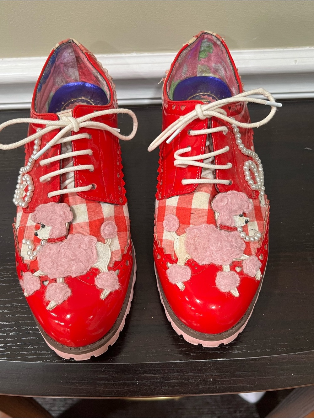 Irregular Choice Red Patent Poodle Lace-Up Flats with Pink Appliqué